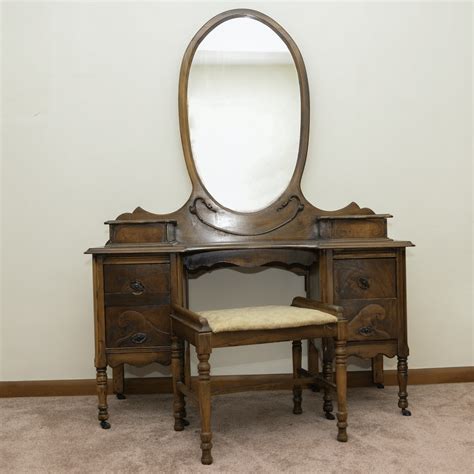 vintage burl walnut vanity with mirror and stool ebth