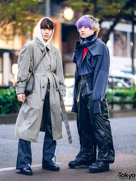 tokyo winter menswear street styles w purple bangs faith tokyo belted trench coat adidas