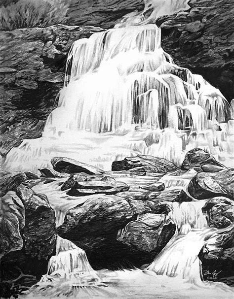 drawing   waterfall  rocks  water flowing   sides