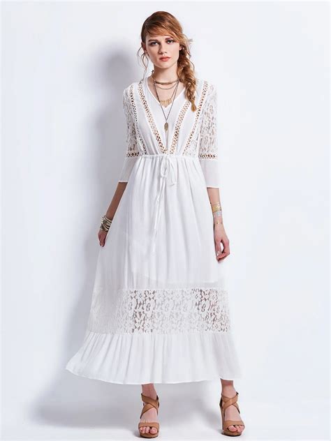 dress  women white casual beach bohemian hollow  slip dress lace   quarter sleeve