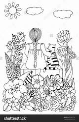 Coloring Girl Pages Zentangle Bench Garden Shutterstock Illustration Board Vector Sitting Book Adult Adults Stress Anti Choose Cats Colors Books sketch template