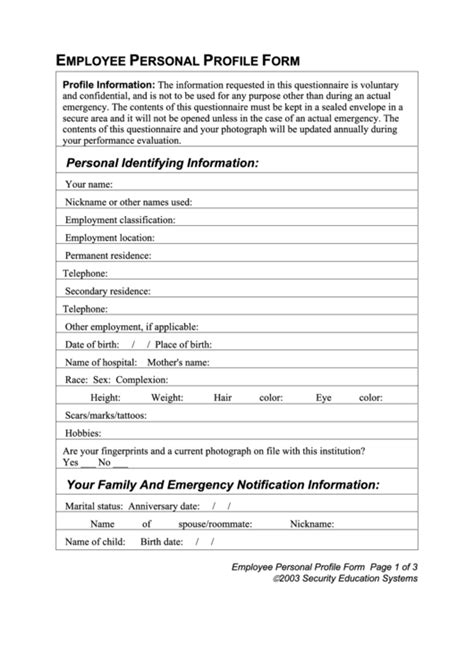 employee personal profile form printable pdf download