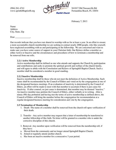 church membership termination letter   write  church membership