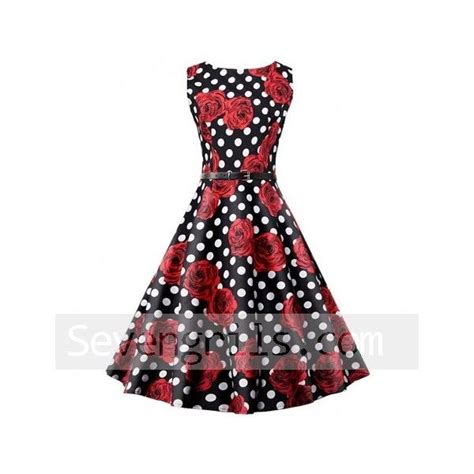 Black 50s Polka Dots Red Flowers Print Vitnage Dress 31 Liked On