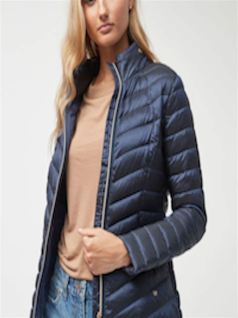 buy  women navy blue solid puffer jacket jackets  women  myntra