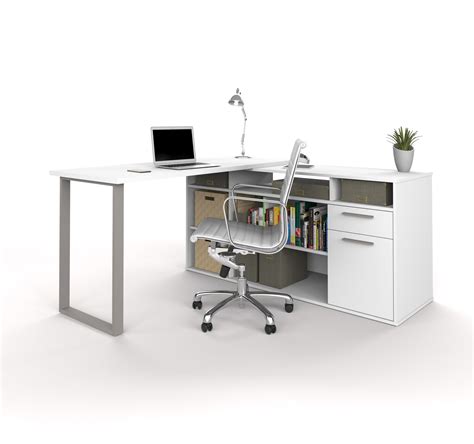 industrial white  shaped desk  integrated file open storage