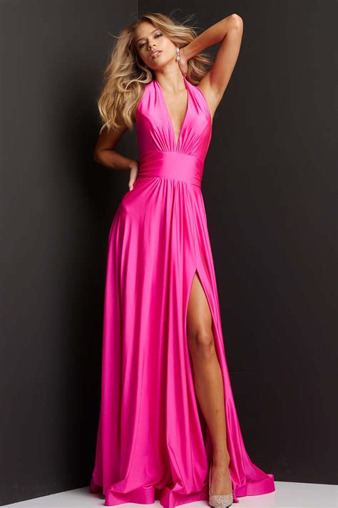 Jvn08640 Hot Pink Halter Neckline High Slit Prom Dress Jvn