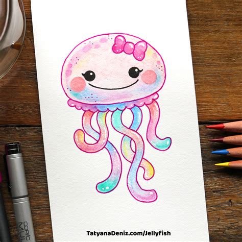 draw kawaii jellyfish  colour   watercolour pencils