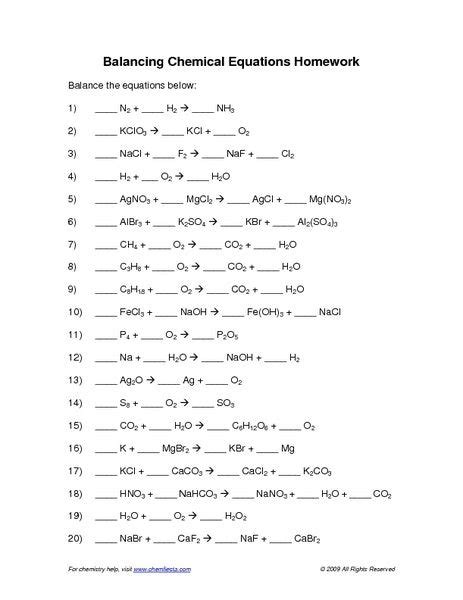balancing chemical equations worksheets  answers chemistry