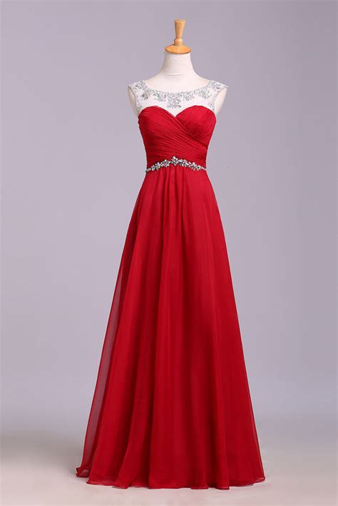 Red Floor Length Chiffon Prom Dress With Crystals A Line Pleated