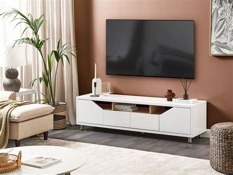 tv möbel weiss heller holzfarbton mit 2 schubladen 160 x 40 x 44 cm