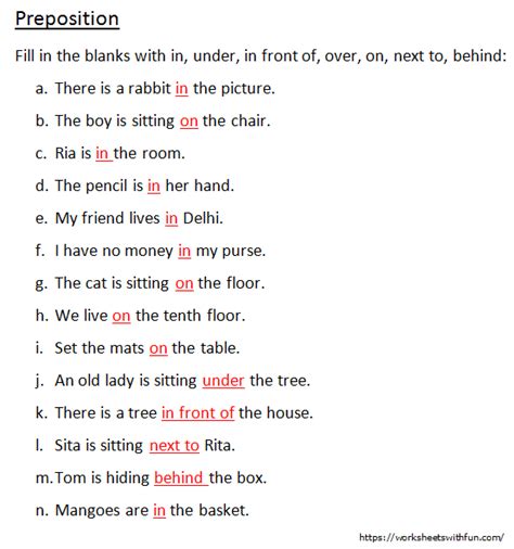 english class  preposition fill   blanks worksheet  answers
