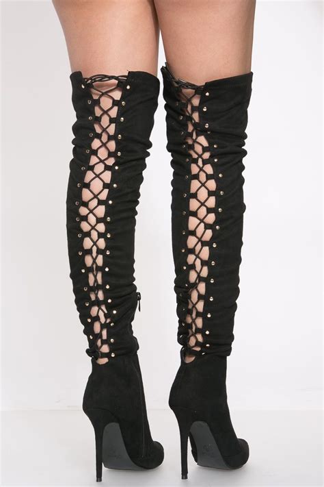 black faux suede thigh high lace up boots cicihot boots