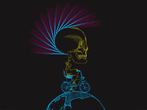 ein neon skull punk faehrt auf fahrrad mit einem