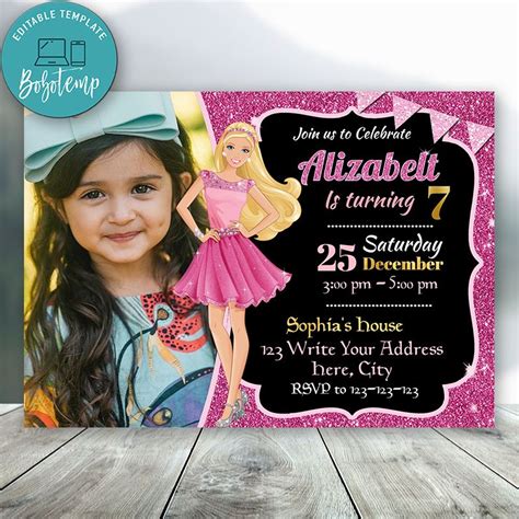 editable barbie birthday invitations with photo instant