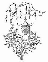 Coloring Oriental Chinoiserie Dibujos Embroidery Japanese Pagoda Japan Bordado Adult Patrones Motifs Pages Colouring Blue Japonesas Cherry Patterns Blossom Tela sketch template