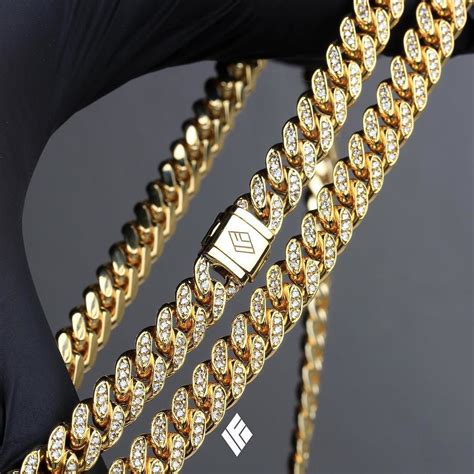 solid  yellow gold cuban link chain fully iced  mm