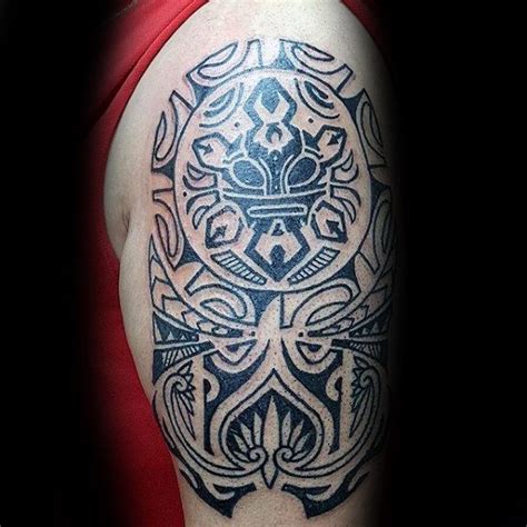 Black Ink Outline Taino Sun Male Tribal Upper Arm Tattoo Ideas Bike