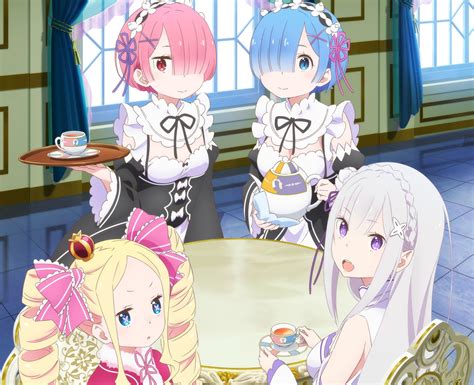 beatrice re zero blonde hair blue eyes blue hair bow cropped drink