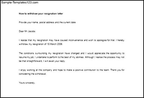withdraw  resignation letter word  sample templates