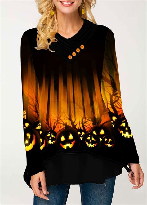Long Sleeve Halloween Print Button Detail T Shirt Trendy Tops For