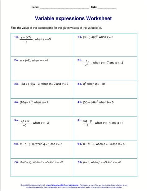 worksheets  evaluating expressions  variables grades
