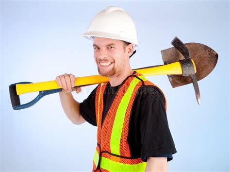 happy construction worker stock photo image  pickax