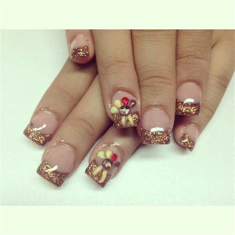 Festive Thankgiving Nails With Cute Little Turkey And Brown Gold