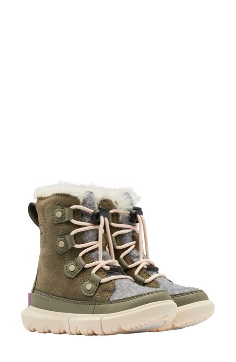 sorel kids explorer waterproof boot  faux fur trim lyst