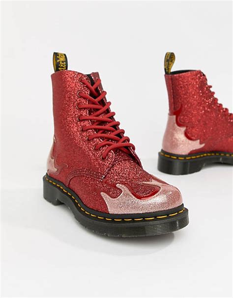 dr martens  pascal red glitter flame flat ankle boots asos