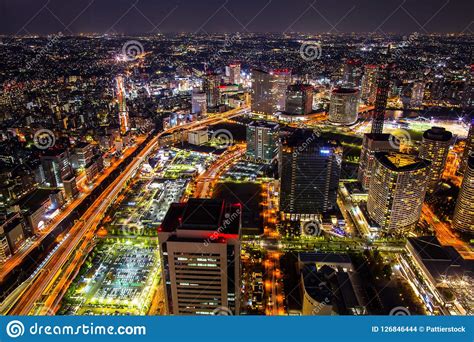 a colorful of cityscape night top view of yokohama stock