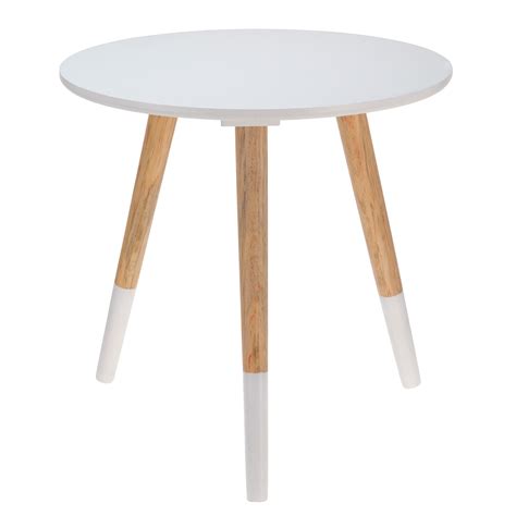 ronde houten bijzettafel met een wit tafelblad en  blank met wit houten poten afmeting