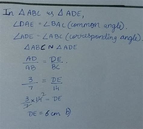 in the figure if de ∥ bc ad 3cm bd 4cm and bc 14 cm then de