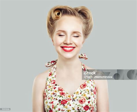 Cute Retro Vintage Pinup Girl With Closed Eyes Smiling Expressive