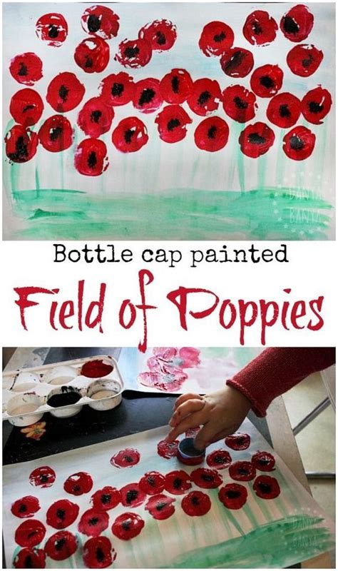 bottle cap painted field  poppies art  observe  symbol