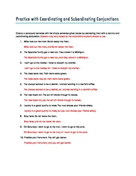 coordinating  subordinating conjunctions worksheet tpt
