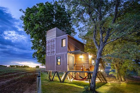 beautiful shipping container house raised   tree canopies