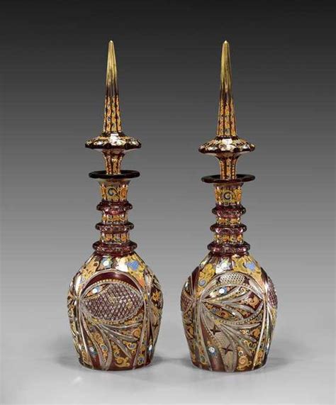 Pair Antique Bohemian Ruby Glass Decanters