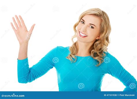 portrait   woman waving   camera stock photo image  confident happy