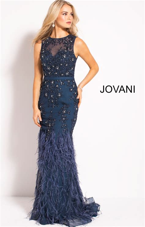 jovani 54462 long high neck beaded gown with feathers prom dress