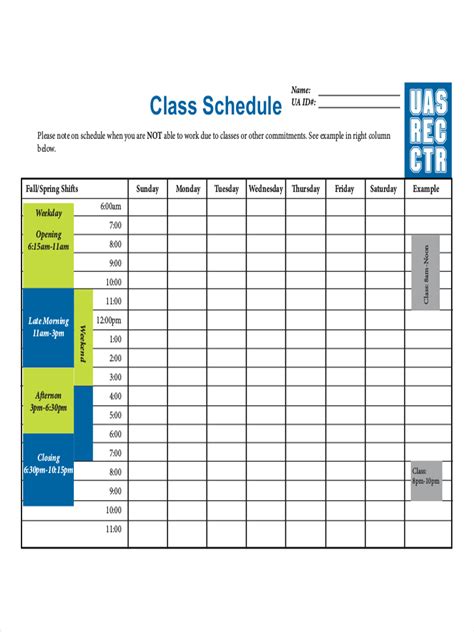 college schedule examples  samples    examples