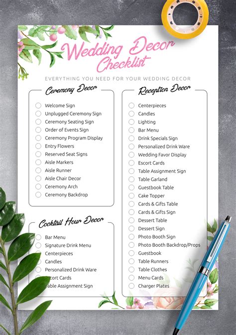 printable wedding decor checklist