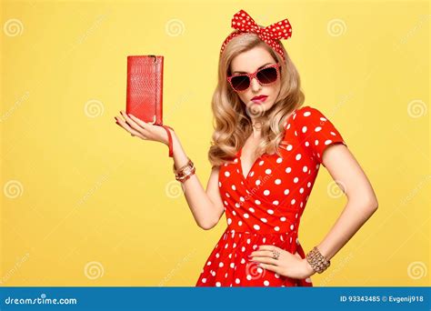 fashion blond girl in red polka dots dress outfit stock image image
