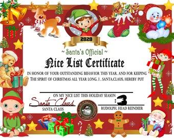 certificate template  printable santa nice list certificate