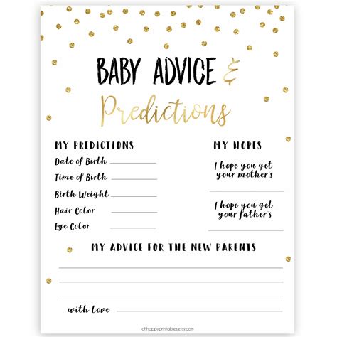 baby advice predictions card gold glitter printable baby games