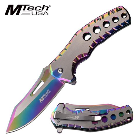 mtech  hole pocket knife rainbow satin spring assisted knife