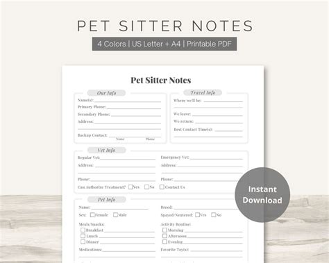 pet sitter notes printable  owner info template dog cat