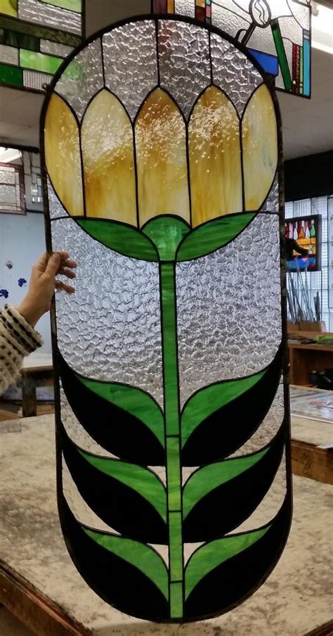 p 180 stained glass hanging panel giant art deco tulip terraza
