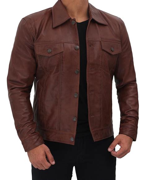 premium mens brown real leather trucker jacket classic style
