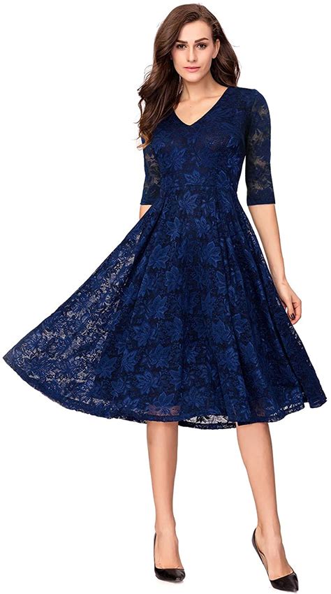 Noctflos Women S 3 4 Sleeves Lace Fit And Flare Midi Cocktail Dress For